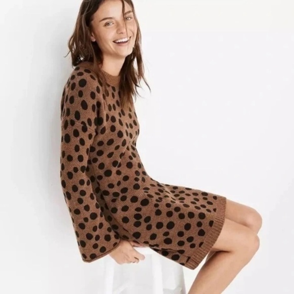 Madewell Women's XS Brown Leopard Polka Dot Knee Length Sweater Dress size XS